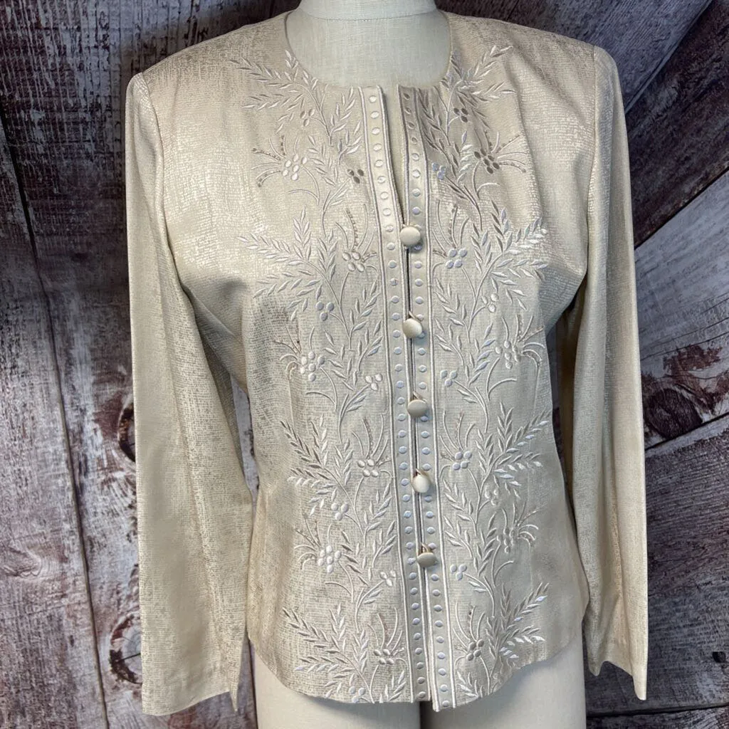 VNTG ADRIANNA PAPELL TAN FLORAL EMBROIDERED PATTERN SILK JACKET & SKIRT SET SIZE 10 D2C