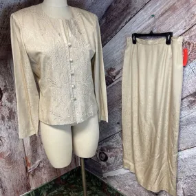 VNTG ADRIANNA PAPELL TAN FLORAL EMBROIDERED PATTERN SILK JACKET & SKIRT SET SIZE 10 D2C