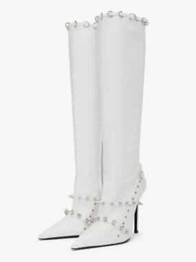 White Studs Knee High Boots Pointed Toe High Heel Boots For Women