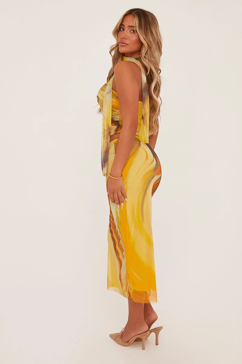 Yellow Abstract Print Bandeau Crop Top & Midi Skirt Co-ord Set - Savannah